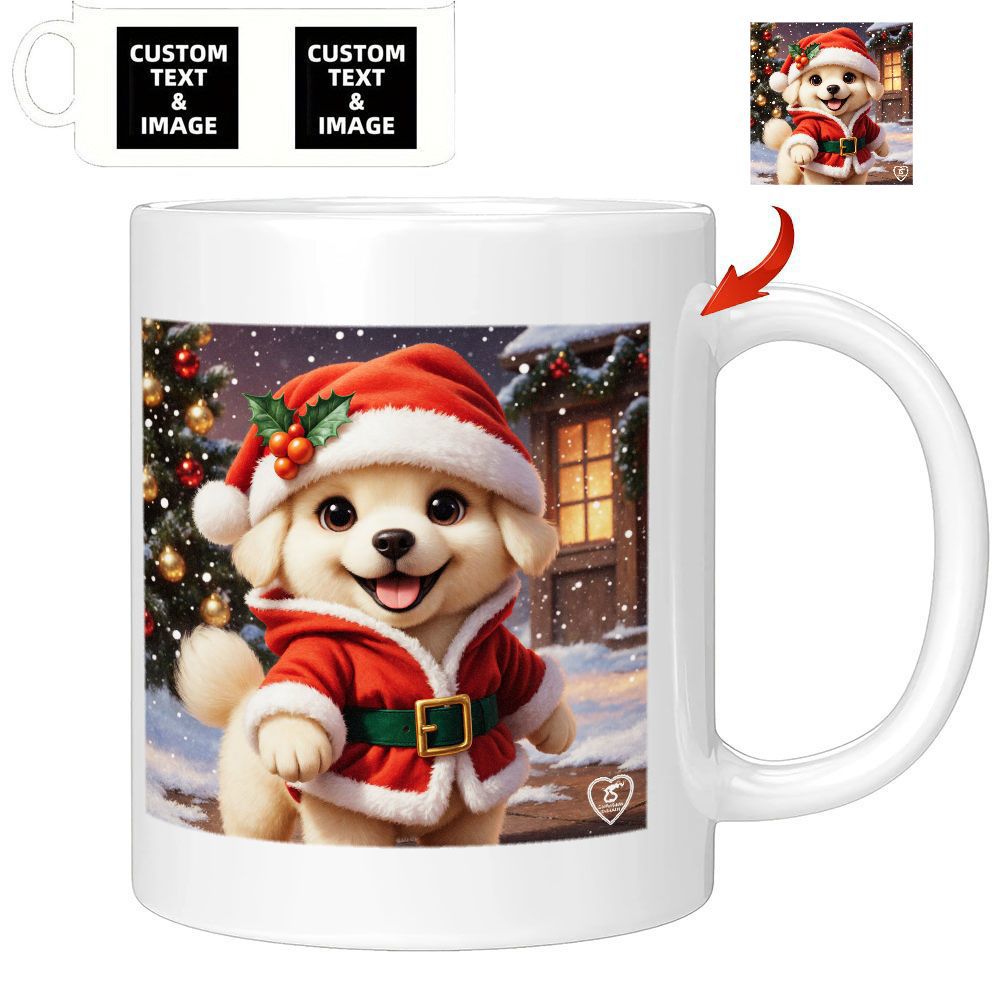 Tailorly White Ceramic 11 oz Mug - Adorable Little Puppy Wearing Red Santa Hat In Snowy Christmas Scene Dog