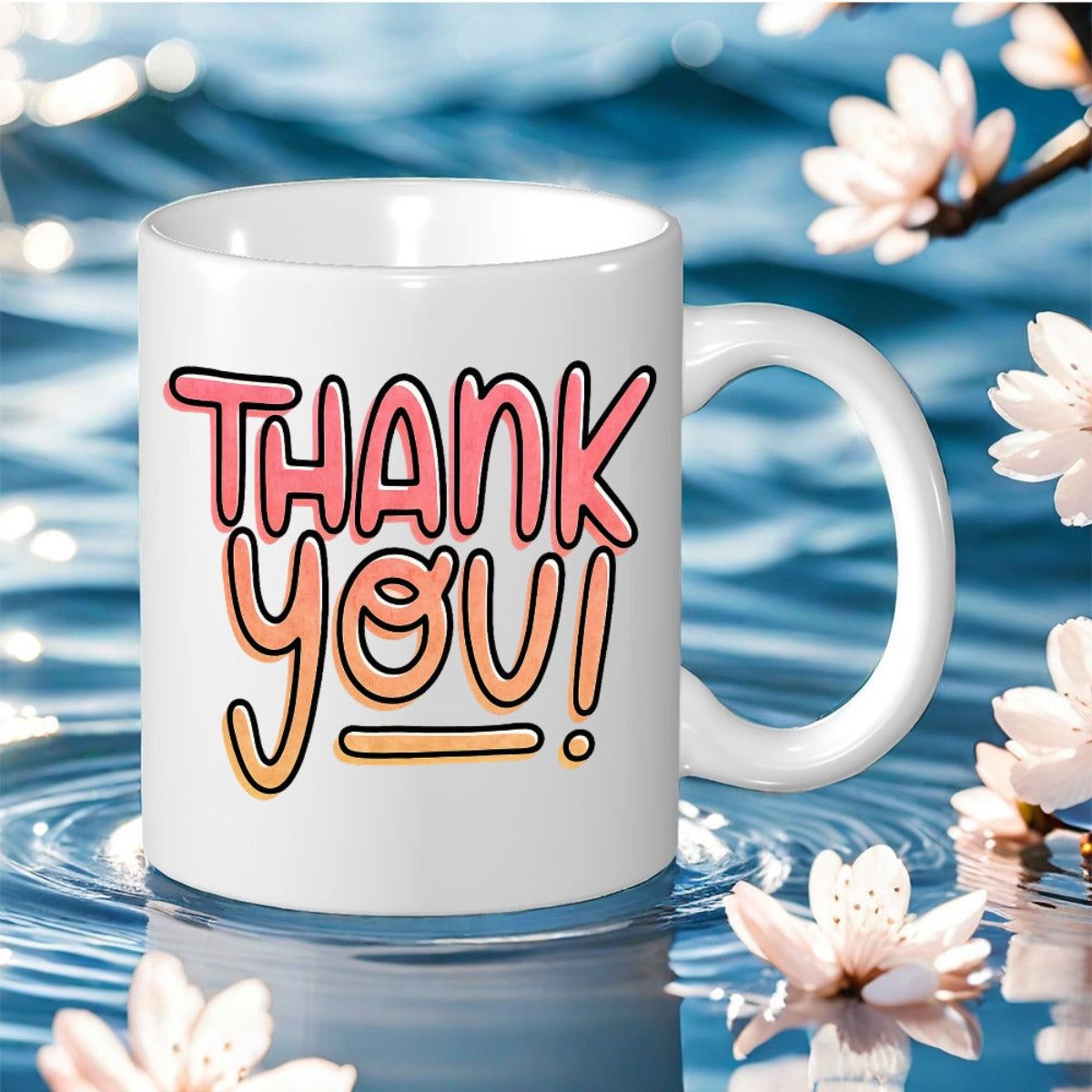 Tailorly White Ceramic 11 oz Mug - Thank You White Ceramic Cup Amidst Floating Petals On Calm Blue Rippling Water Mug