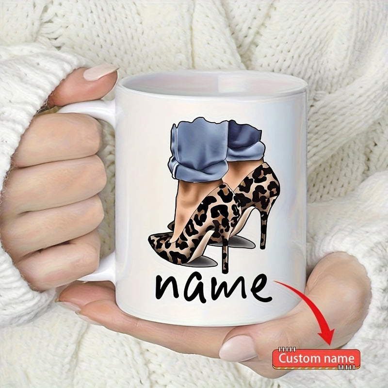 Tailorly White Ceramic 11 oz Mug - Name Elegant Leopard Print Stiletto High Heels With Stylish Cuffed Denim Jeans Heels