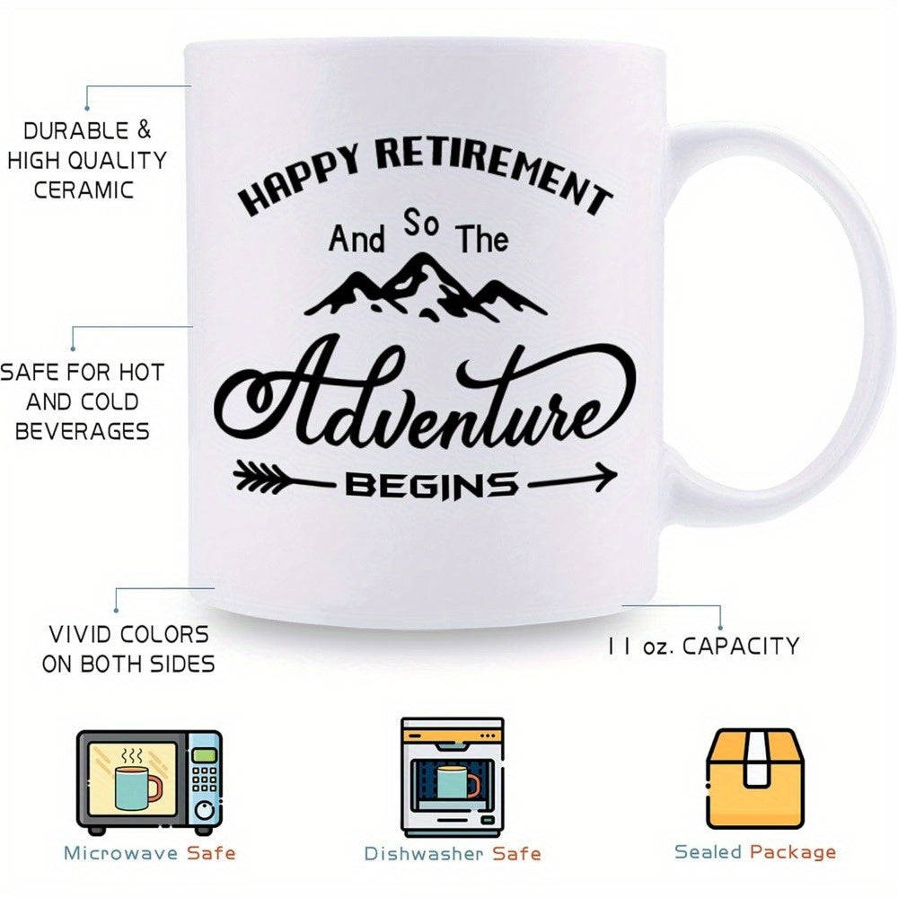 Tailorly White Ceramic 11 oz Mug - Happy Retirement And So The Adventure Begins Simple Silhouette With Decorative Arrow Pointing Forward Mountain