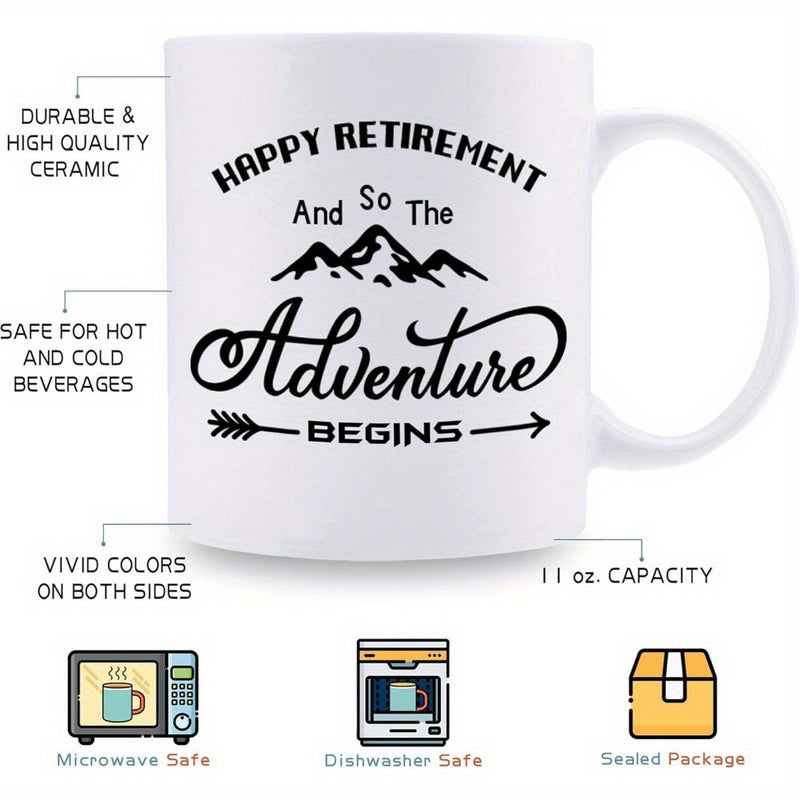 Tailorly White Ceramic 11 oz Mug - Happy Retirement And So The Adventure Begins Simple Silhouette With Decorative Arrow Pointing Forward Mountain