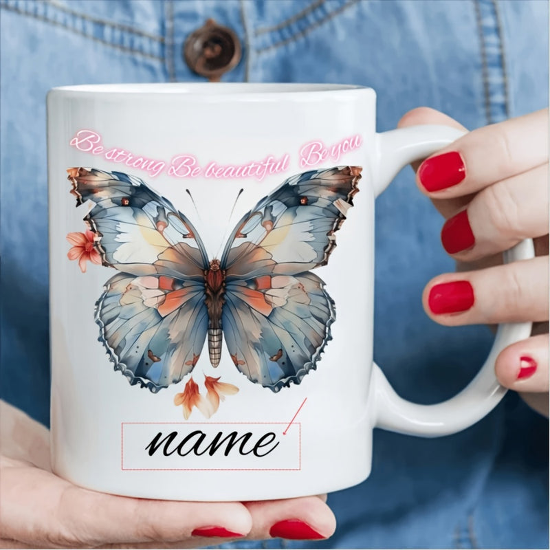 Tailorly White Ceramic 11 oz Mug - Because Be Beautiful Watercolor Wings With Delicate Pink Petals Surrounding A Graceful Butterfly
