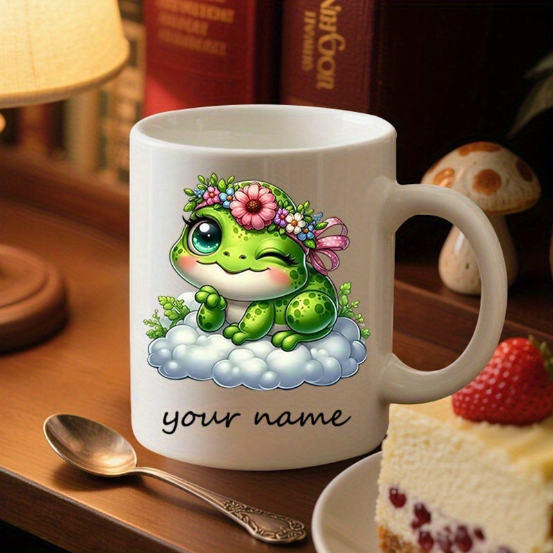 Tailorly White Ceramic 11 oz Mug - Your Name Adorable Smiling Character Wearing Colorful Flower Crown On Fluffy White Cloud Frog