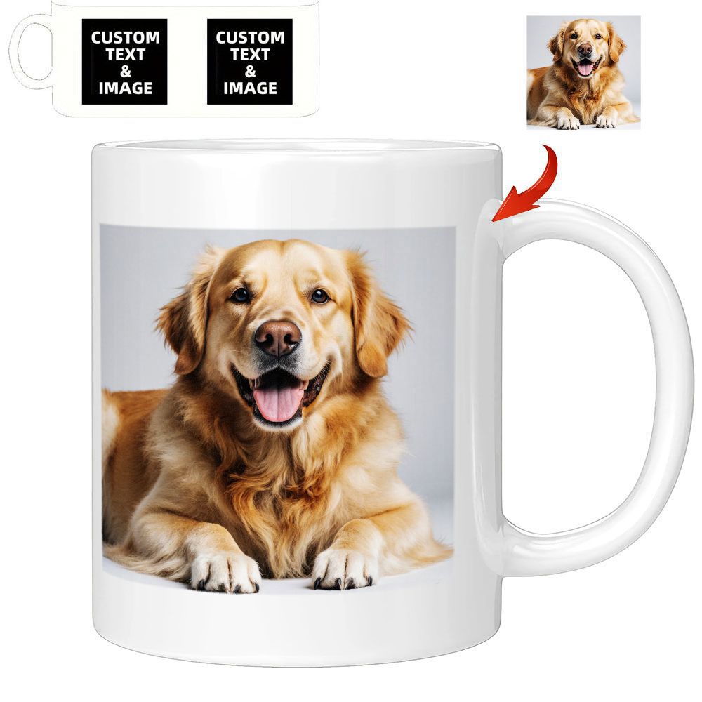 Tailorly White Ceramic 11 oz Mug - Custom Text Image Smiling Golden Retriever Lying On Ground With Gentle Warm Furry Dog
