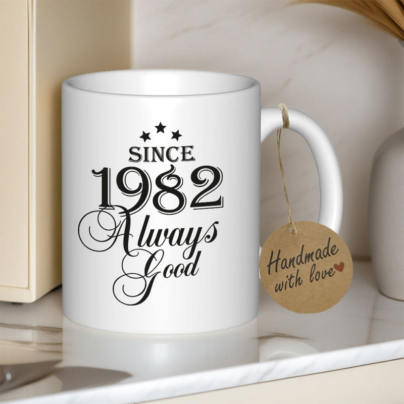 Tailorly White Ceramic 11 oz Mug - Since 1982 Always Good Elegant Script Typography Featuring Three Stars And Decorative Vintage Numerical Year Mug