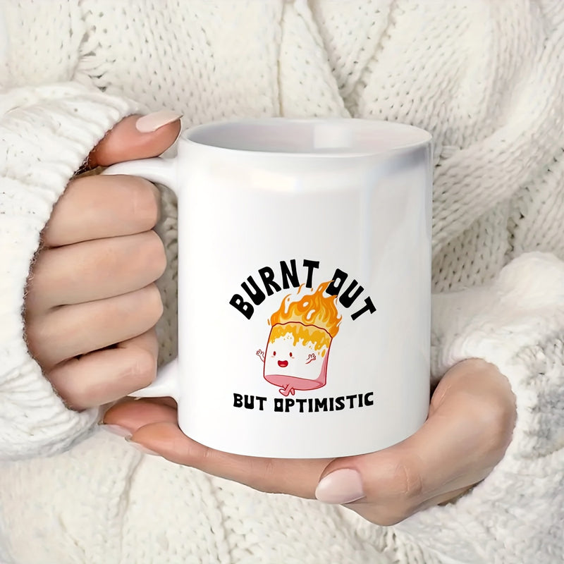 Tailorly White Ceramic 11 oz Mug - Burnt Out But Optimistic Smiling Small Character On Fire With Vibrant Orange Flames Glow Marshmallow