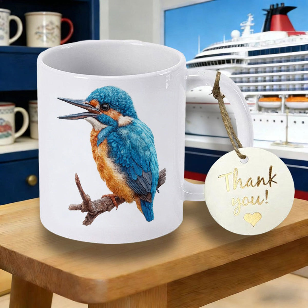 Tailorly White Ceramic 11 oz Mug - Thank You Vibrantly Colored Kingfisher Perched On A Rustic Branch In Serene Nature Kingfisher