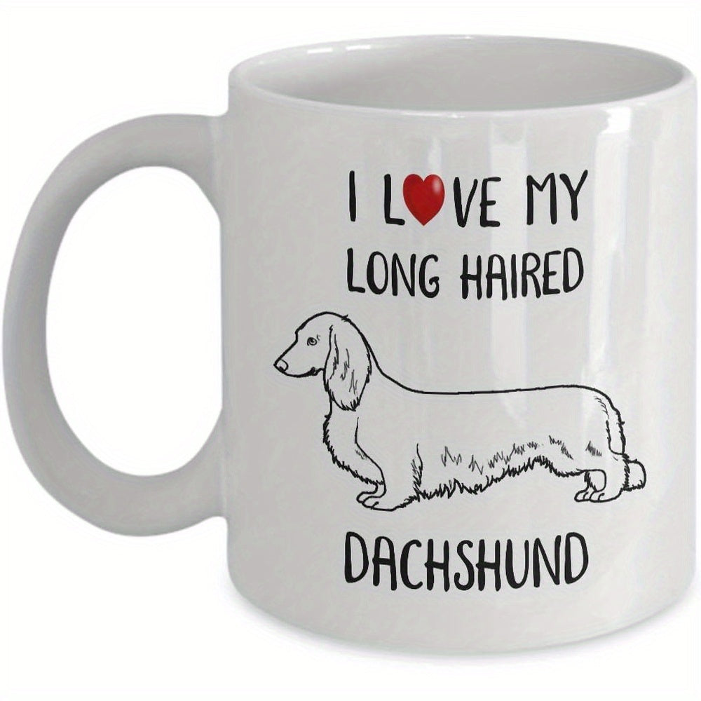 Tailorly White Ceramic 11 oz Mug - I Love My Long Haired Dachshund Elegant Hand Drawn Line Art Featuring A Heart And Charming Pet Dachshund