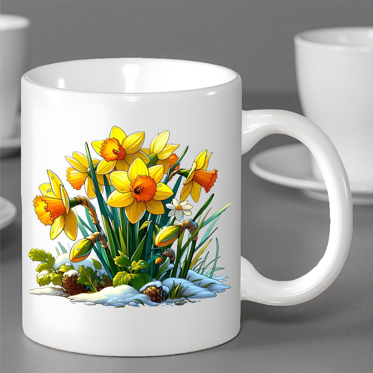 Tailorly White Ceramic 11 oz Mug - Vibrant Yellow Daffodils Blooming From Cold Winter Snow With Green Leaves Daffodil