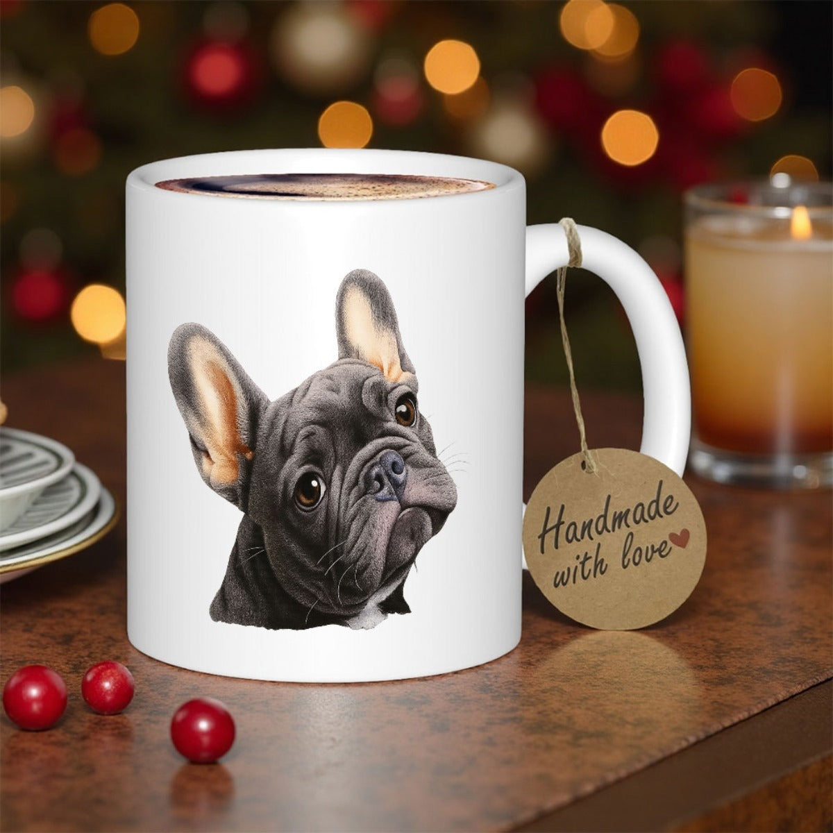 Tailorly White Ceramic 11 oz Mug - Handmade With Love Detailed Realistic Portrait Of A Small Dog With Expressive Eyes French Bulldog