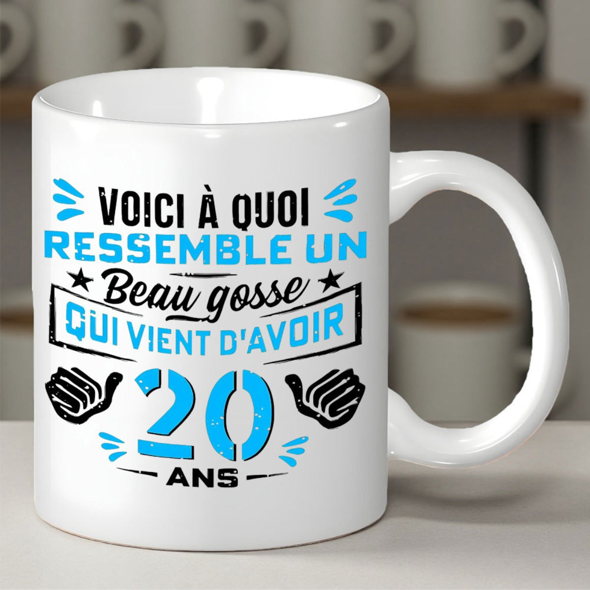 Tailorly White Ceramic 11 oz Mug - Stylized Birthday Graphics With Pointing Thumbs And Blue Decorative Elements Mug