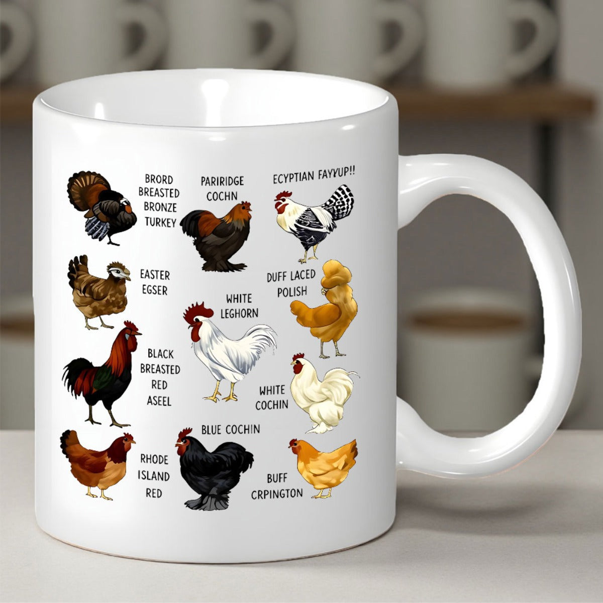 Tailorly White Ceramic 11 oz Mug - Poultry Breeds Detailed Colorful Illustrations Of Different Farm Birds Standing On Ceramic Chicken