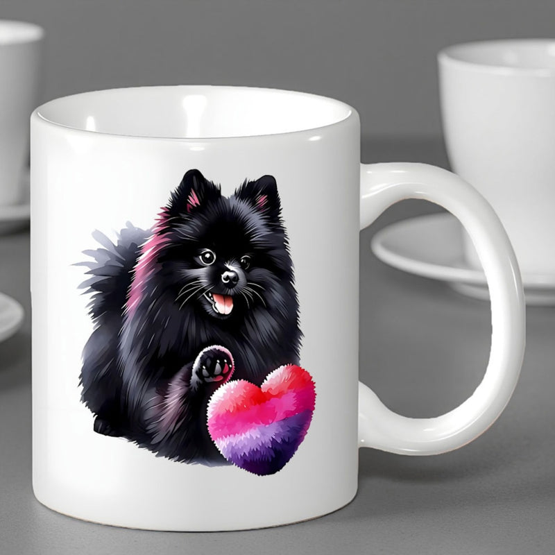 Tailorly White Ceramic 11 oz Mug - Adorable Fluffy Black Pomeranian Sitting With A Textured Vibrant Pride Heart Dog