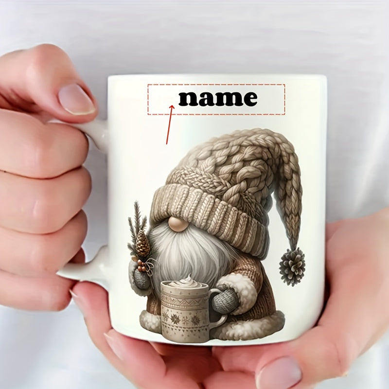 Tailorly White Ceramic 11 oz Mug - Name Charming Rustic Gnome Wearing Chunky Knitted Hat Holding Mug Of Cocoa Gnome