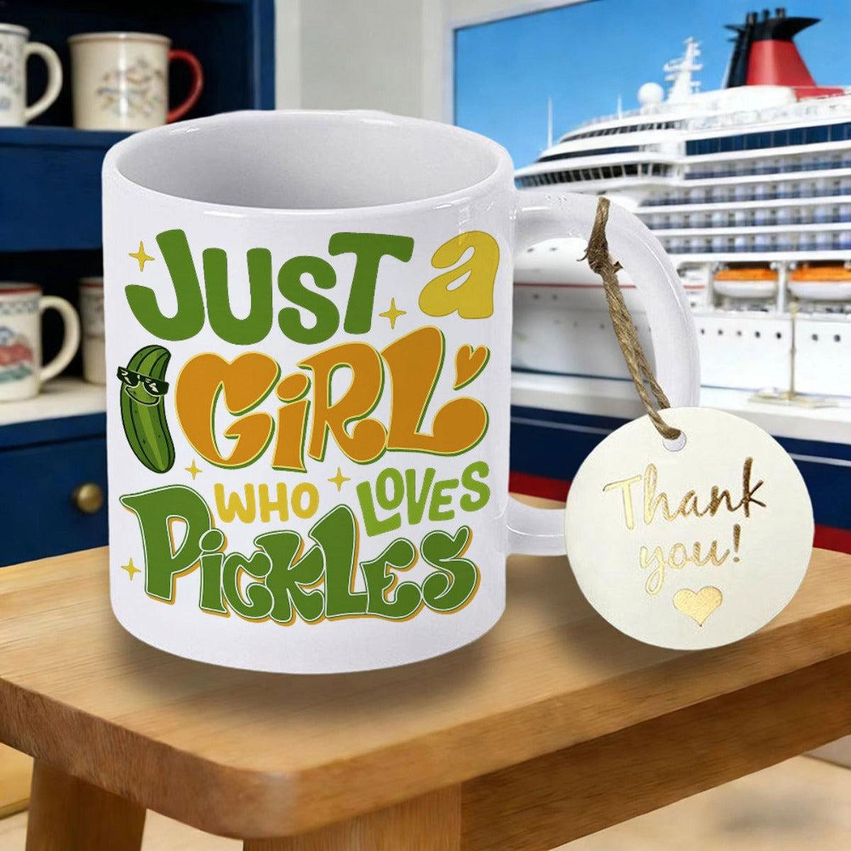 Tailorly White Ceramic 11 oz Mug - Just A Girl Who Loves Pickles Cartoon Green Vegetable Wearing Sunglasses Surrounded By Golden Retro Decorative Sparkles Pickle