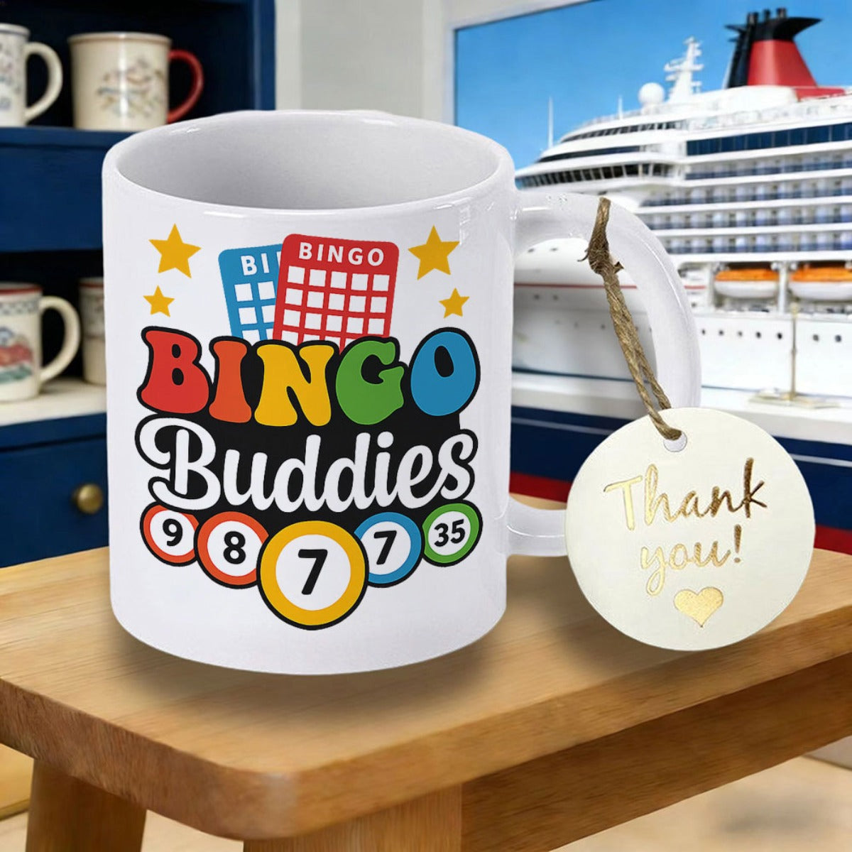 Tailorly White Ceramic 11 oz Mug - Bingo Buddies Thank You Vibrant Game Cards And Numbered Balls Surrounded By Bright Stars Mug