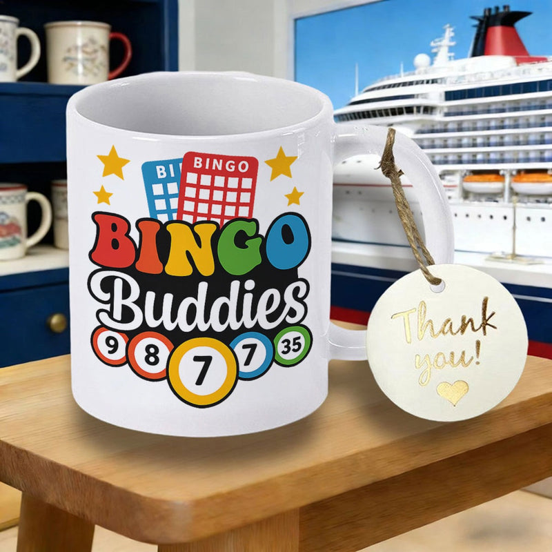 Tailorly White Ceramic 11 oz Mug - Bingo Buddies Thank You Vibrant Game Cards And Numbered Balls Surrounded By Bright Stars Mug