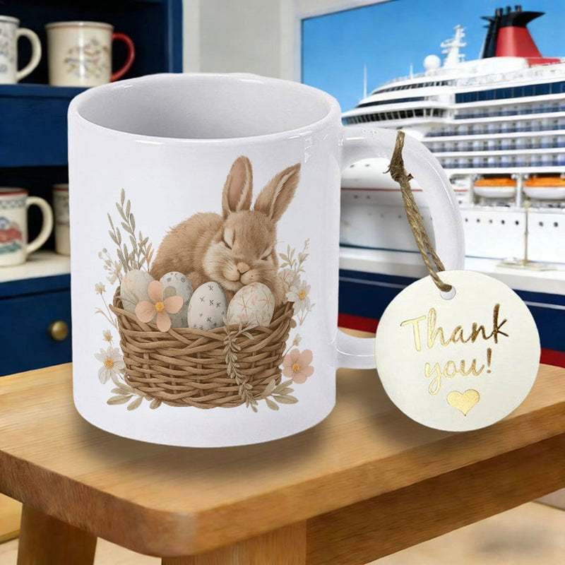 Tailorly White Ceramic 11 oz Mug - Peaceful Brown Bunny Sleeping In Rustic Wicker Basket With Easter Eggs Rabbit