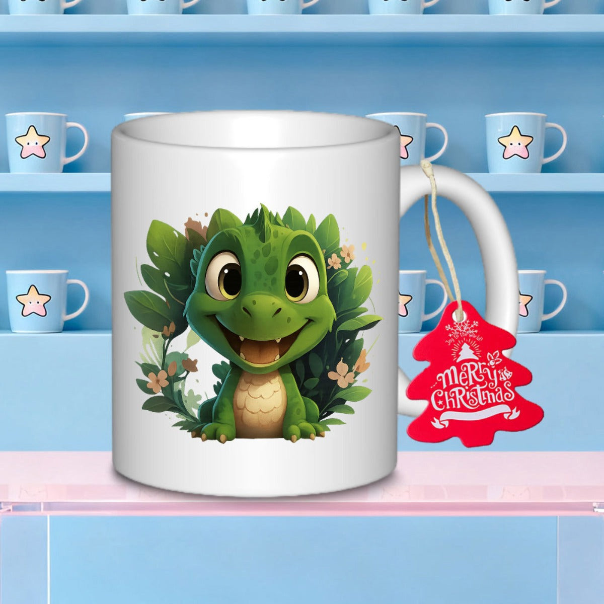 Tailorly White Ceramic 11 oz Mug - Adorable Little Green Creature Sitting Among Lush Forest Leaves And Flowers Dragon