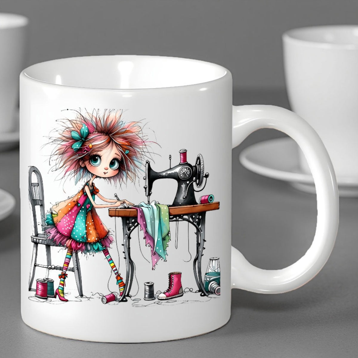 Tailorly White Ceramic 11 oz Mug - Whimsical Cartoon Girl With Messy Pink Hair Working At A Vintage Sewing Machine Seamstress