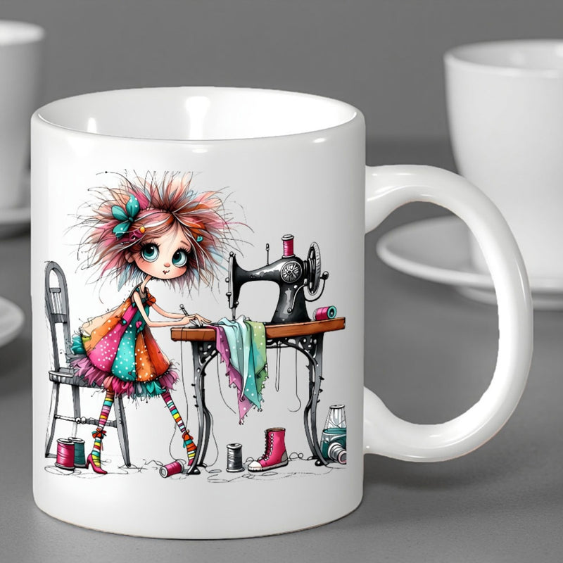 Tailorly White Ceramic 11 oz Mug - Whimsical Cartoon Girl With Messy Pink Hair Working At A Vintage Sewing Machine Seamstress