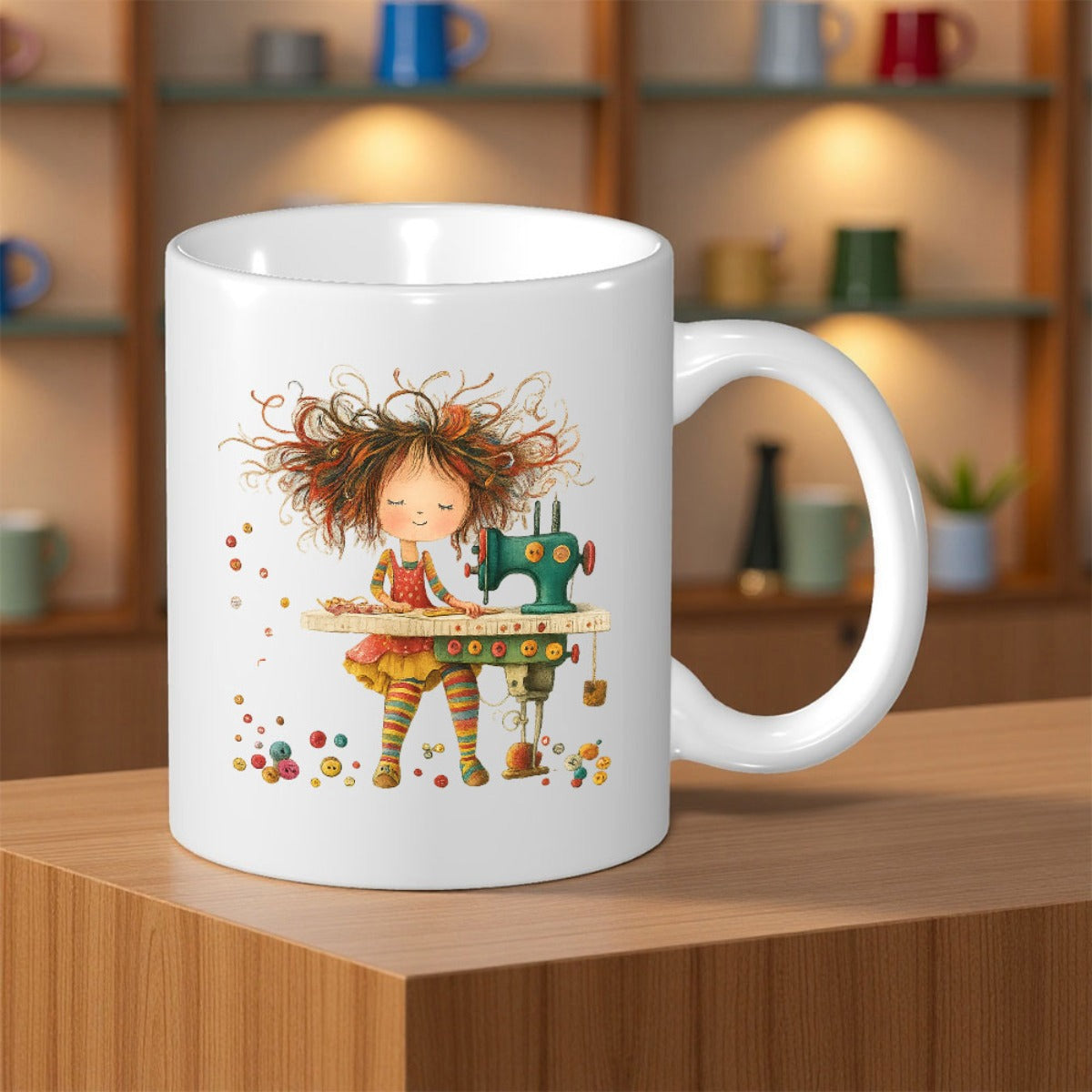 Tailorly White Ceramic 11 oz Mug - Whimsical Messy Haired Character At A Vintage Machine Girl