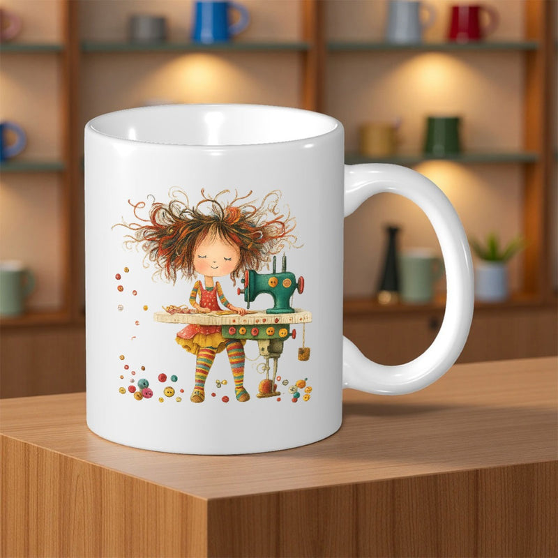 Tailorly White Ceramic 11 oz Mug - Whimsical Messy Haired Character At A Vintage Machine Girl