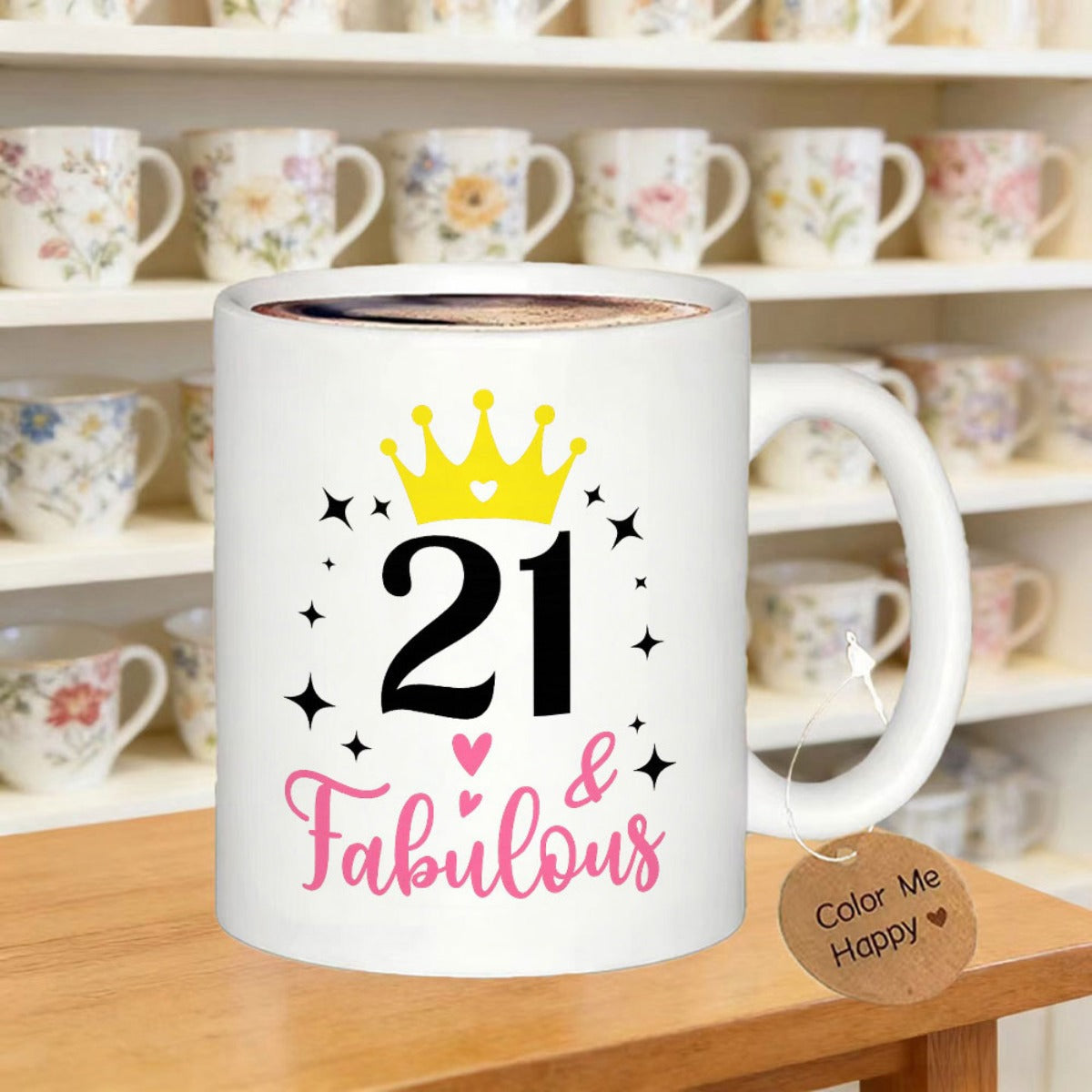 Tailorly White Ceramic 11 oz Mug - 21 Fabulous Sparkling Yellow Crown Above Bold Numbers With Pink Hearts Mug