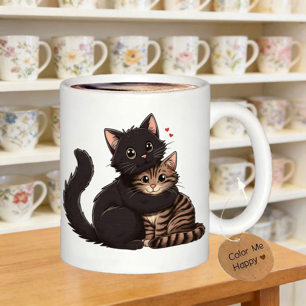 Tailorly White Ceramic 11 oz Mug - Color Me Happy Adorable Black And Tabby Cats Hugging Each Other With Small Hearts Cat