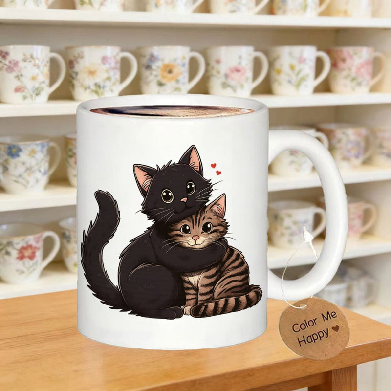 Tailorly White Ceramic 11 oz Mug - Color Me Happy Adorable Black And Tabby Cats Hugging Each Other With Small Hearts Cat