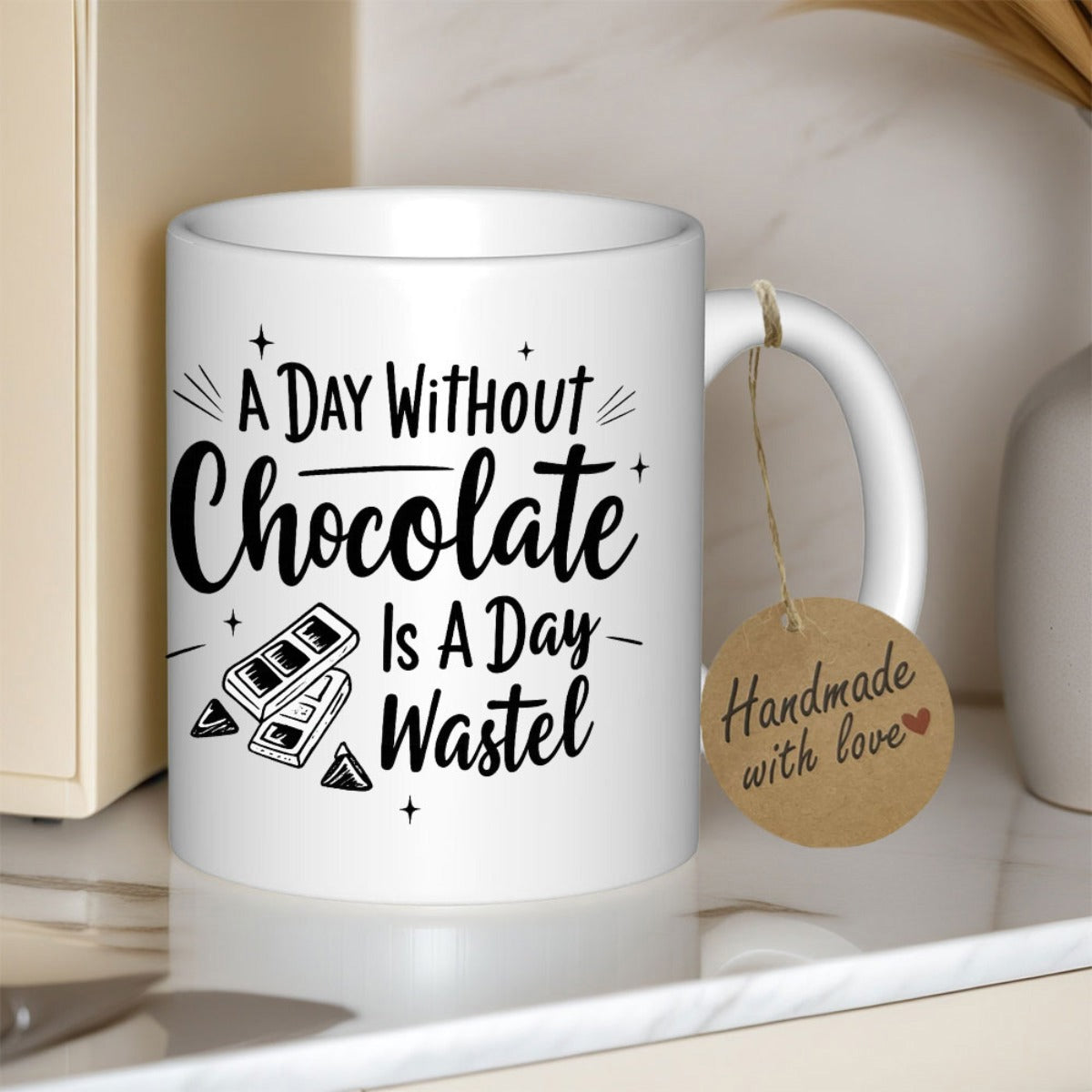 Tailorly White Ceramic 11 oz Mug - A Day Without Chocolate Is A Day Wasted Hand Drawn Illustration Of Sweet Treats Chocolate