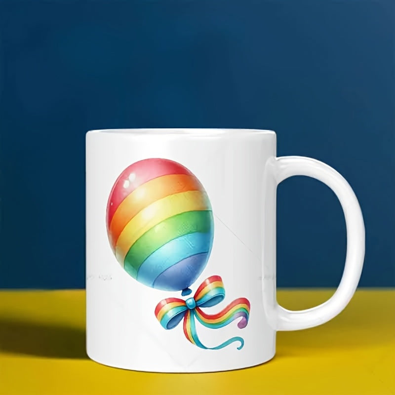 Tailorly White Ceramic 11 oz Mug - Vibrant Rainbow Stripes Floating Gracefully With A Colorful Decorative Ribbon Balloon