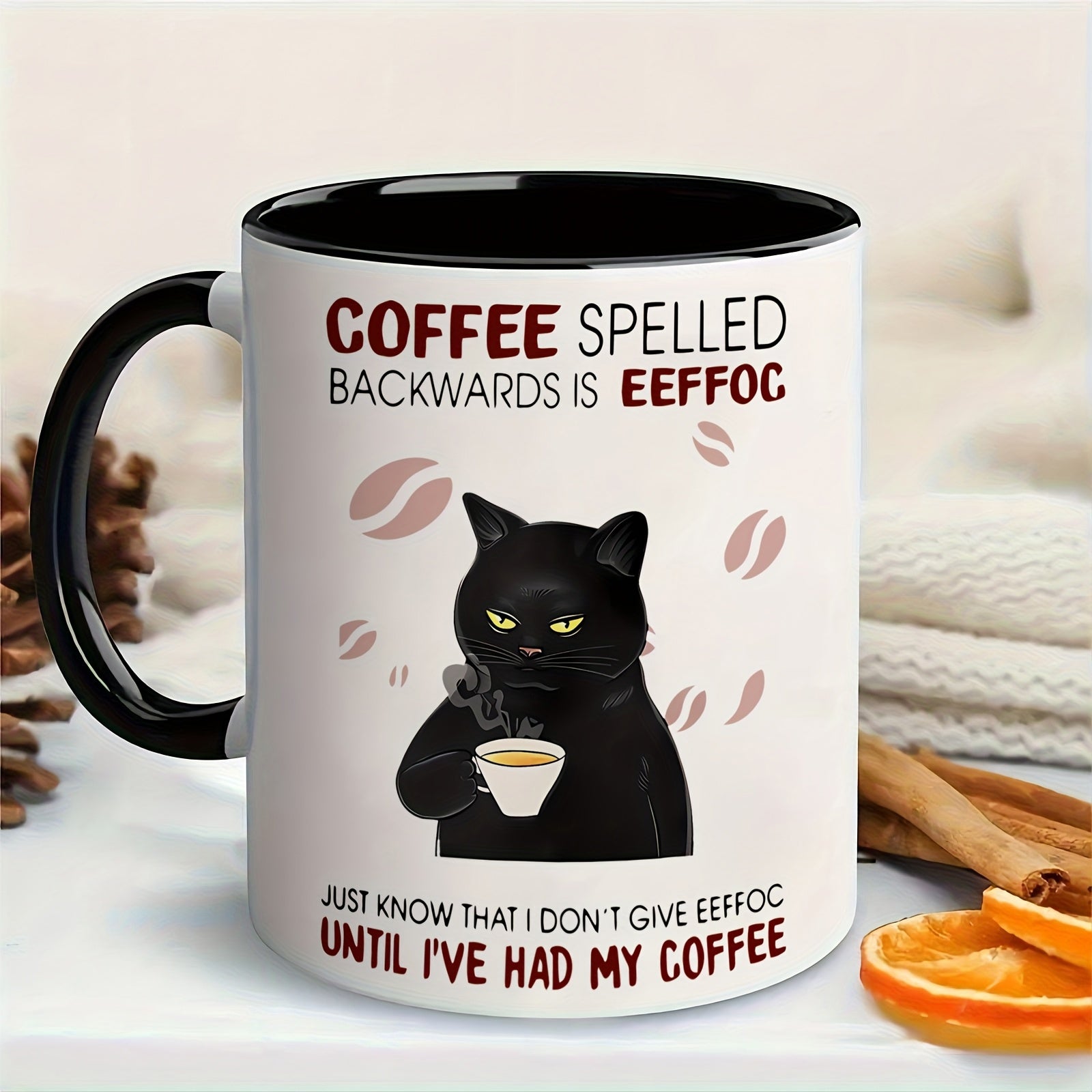 Tailorly Black Accent 11 oz Mug - black cat coffee bean design