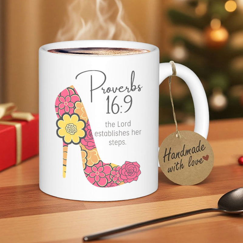 Tailorly White Ceramic 11 oz Mug - Proverbs 16:9 The Lord Establishes Her Steps Elegant High Heel Floral Pattern With Pink And Yellow Blooming Garden Flowers Shoe