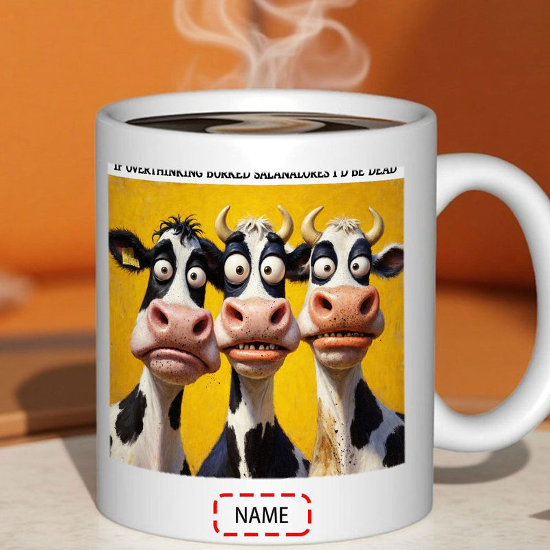 Tailorly White Ceramic 11 oz Mug - Name Three Funny Cartoon Cattle With Exaggerated Expressions On Bright Yellow Background Cow