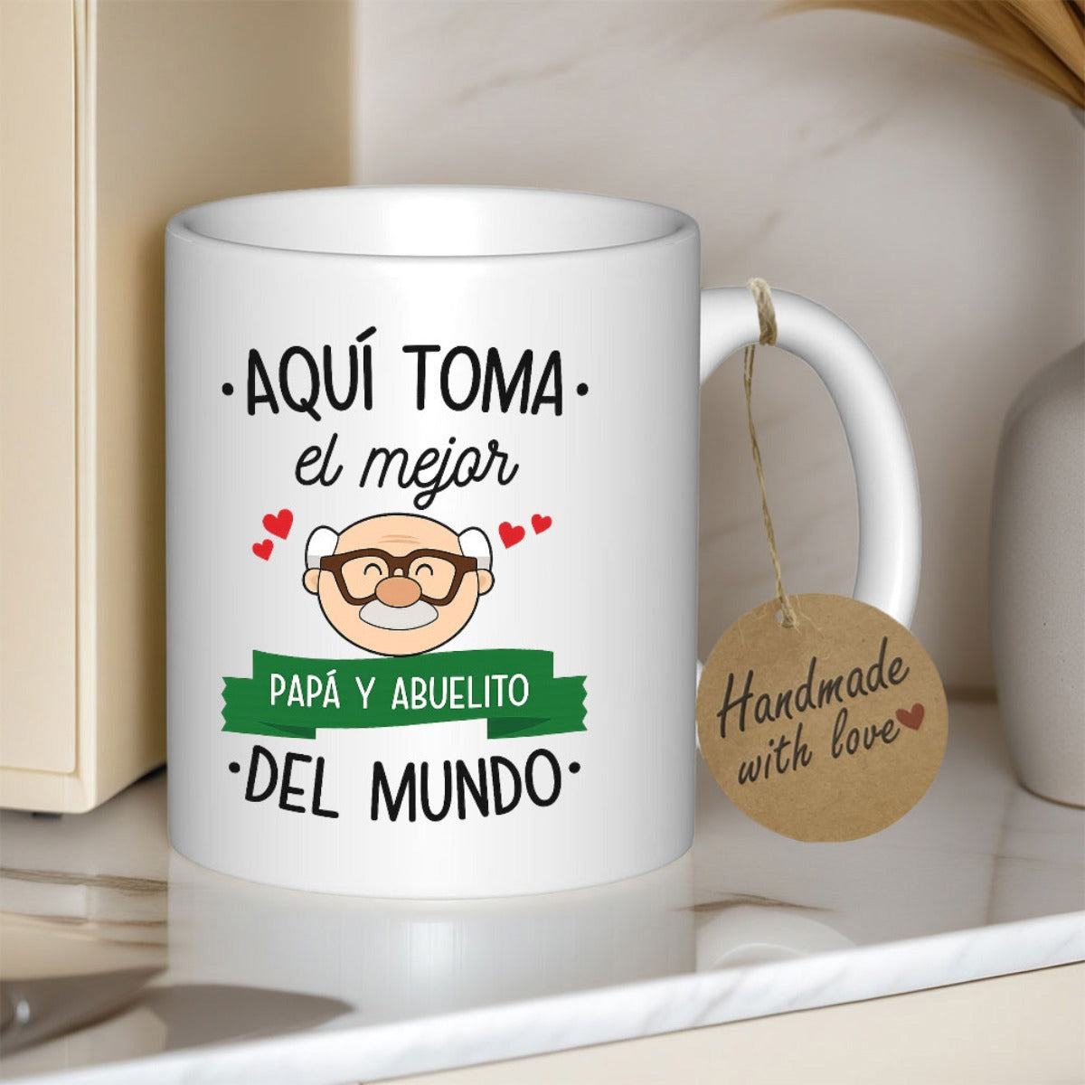Tailorly White Ceramic 11 oz Mug - Handmade With Love Smiling Cartoon Character Wearing Glasses Among Red Hearts And Green Banner Grandfather