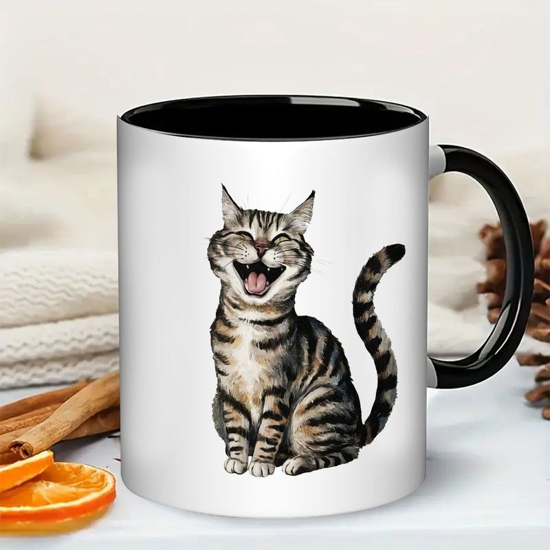 Tailorly Black Accent 11 oz Mug - smiling cute brown tabby kitten