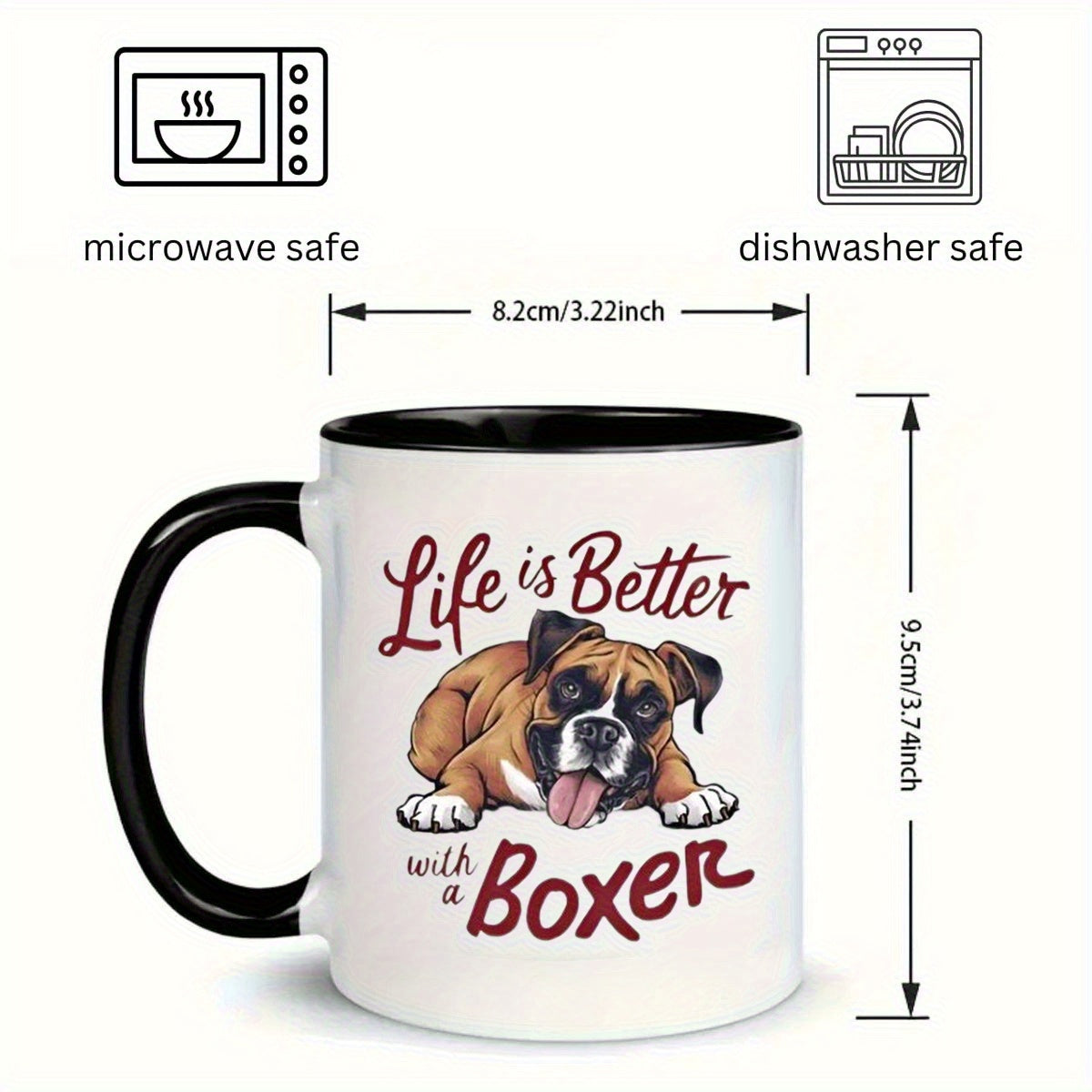 Tailorly Black Accent 11 oz Mug - item picture a ceramic mug featuring a dog with a of a bulldog white with a black interior and handle for dog