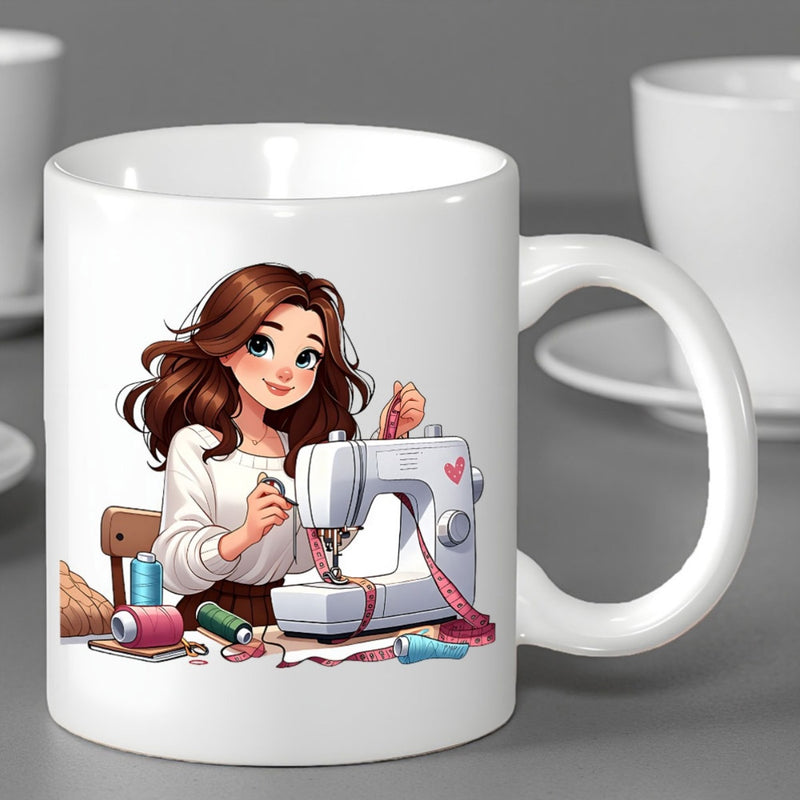 Tailorly White Ceramic 11 oz Mug - Graceful Cartoon Girl Wearing White Shirt Busy Crafting With A Sewing Machine