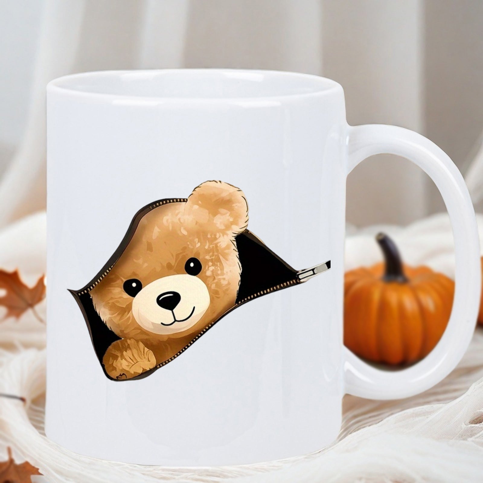 Tailorly White Ceramic 11 oz Mug - Adorable Brown Fluffy Teddy Bear Peeking Through Ripped Dark Paper Effect Bear