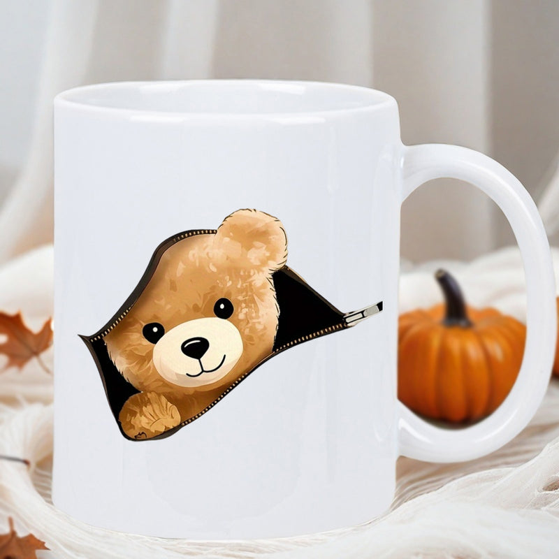 Tailorly White Ceramic 11 oz Mug - Adorable Brown Fluffy Teddy Bear Peeking Through Ripped Dark Paper Effect Bear