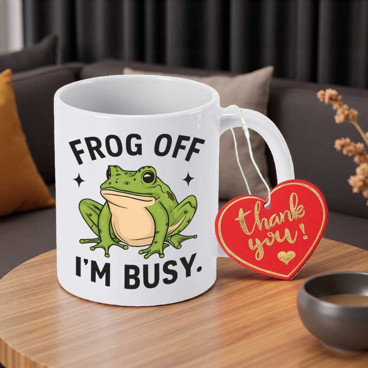 Tailorly White Ceramic 11 oz Mug - Frog Off Im Busy Sitting Green Amphibian Illustration Surrounded By Four Pointed Stars Frog