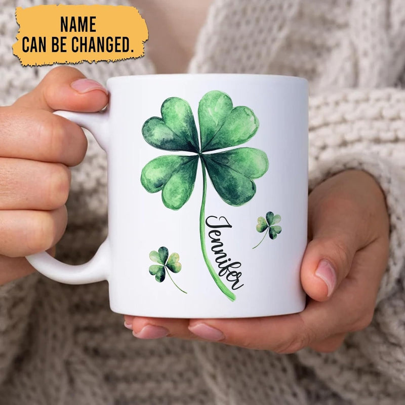 Tailorly White Ceramic 11 oz Mug - Jennifer Vibrant Green Watercolor Four Leaf Shamrock Featuring Personalized Cursive Name Clover