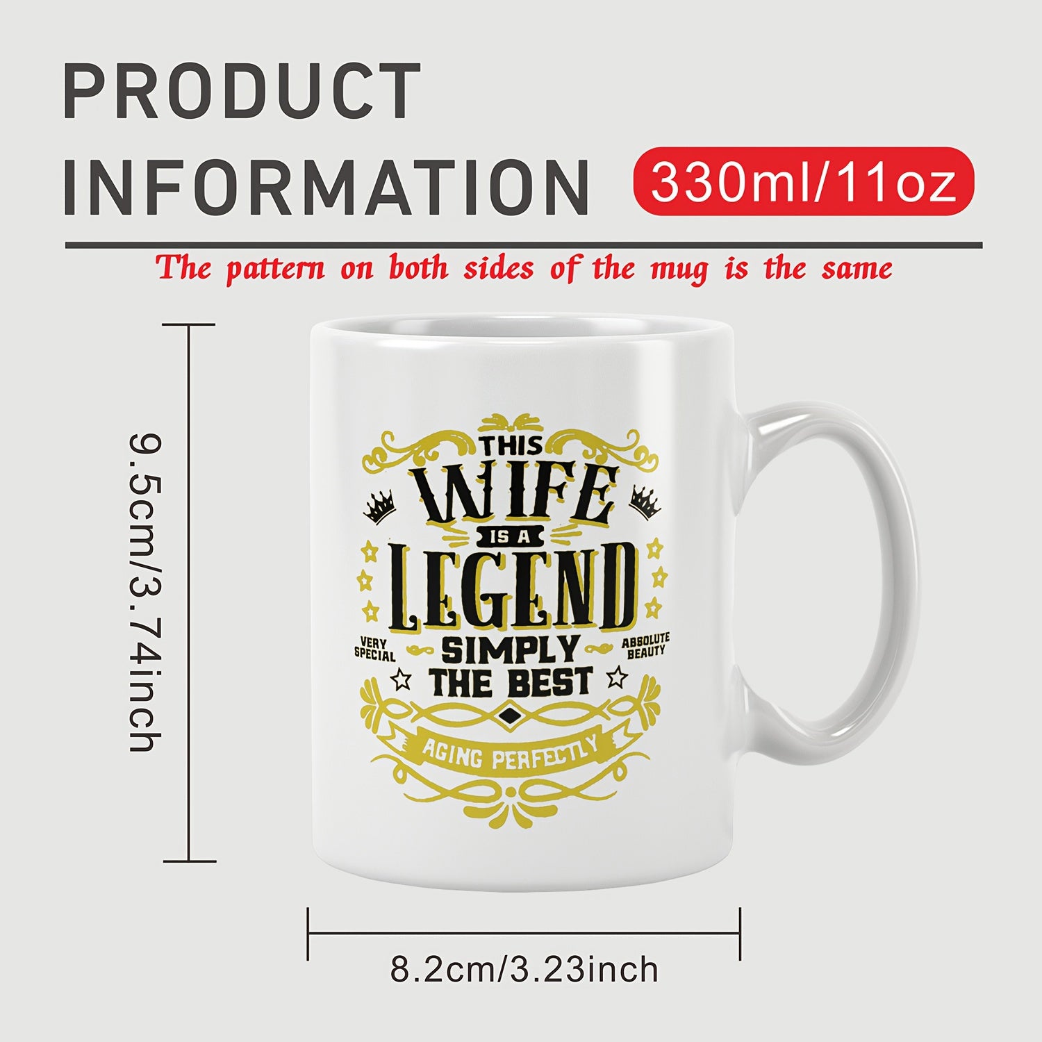 Tailorly White Ceramic 11 oz Mug - This Wife Is A Legend Simply The Best Ornate Golden Scrollwork With Decorative Crowns And Stars Surrounding Bold Vintage Mug