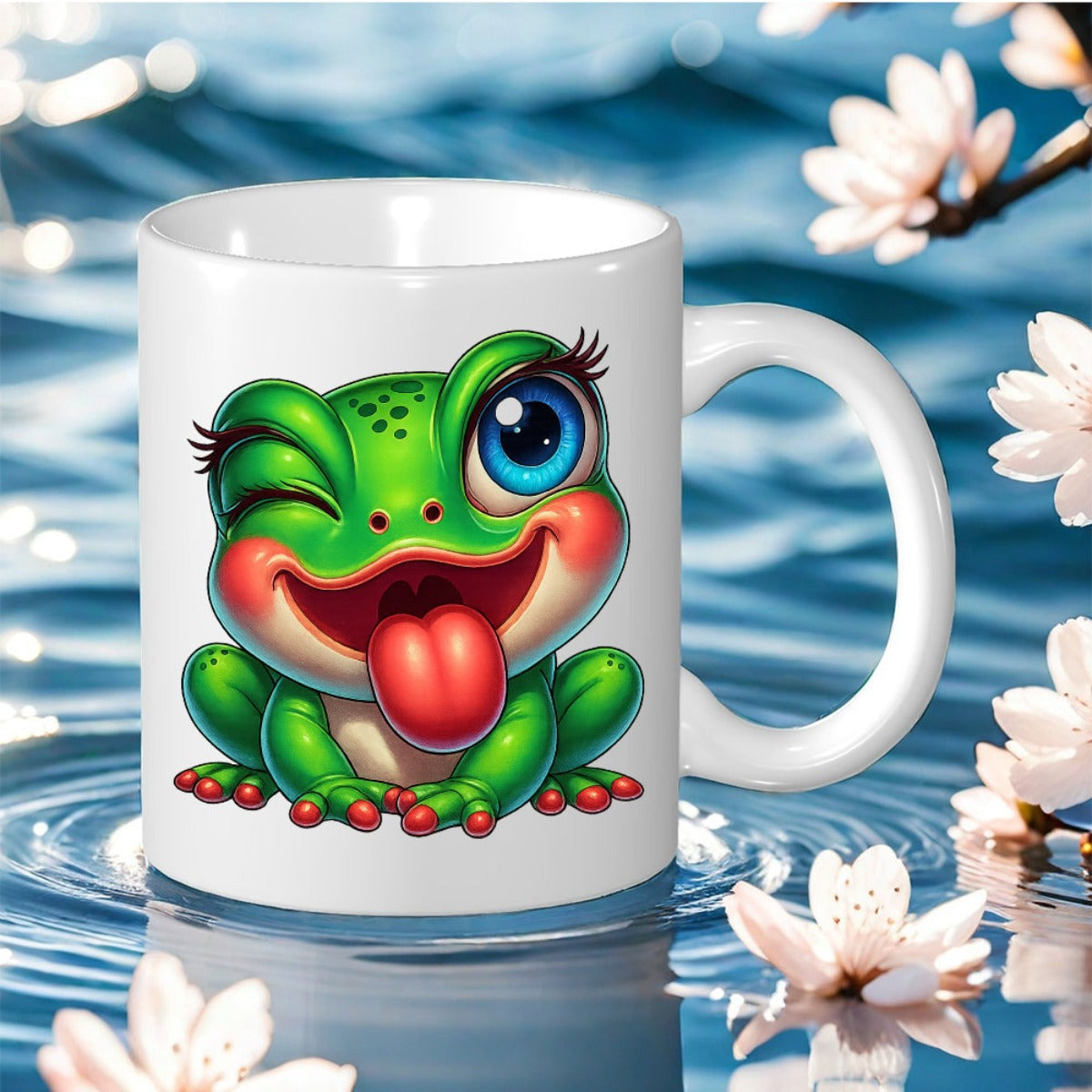 Tailorly White Ceramic 11 oz Mug - Vibrant Green Cartoon Character With Big Blue Eyes And Playful Expression Frog