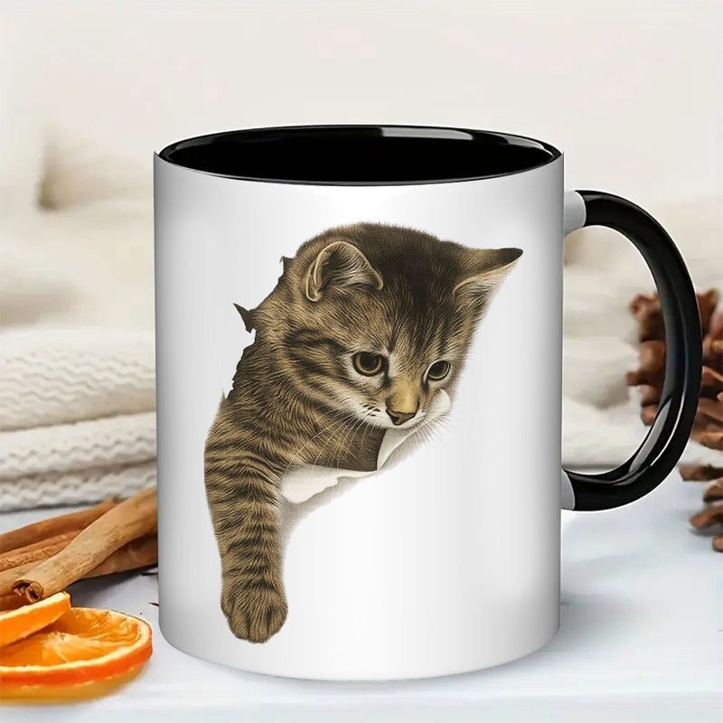 Tailorly Black Accent 11 oz Mug - cute kitten peeking through