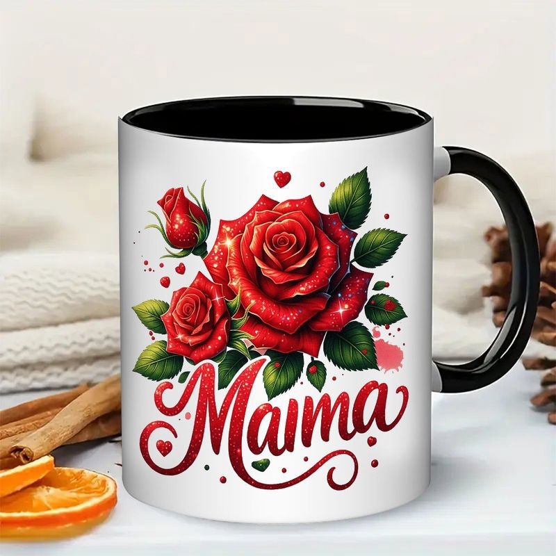 Tailorly Black Accent 11 oz Mug - mama floral red rose cursive lettering