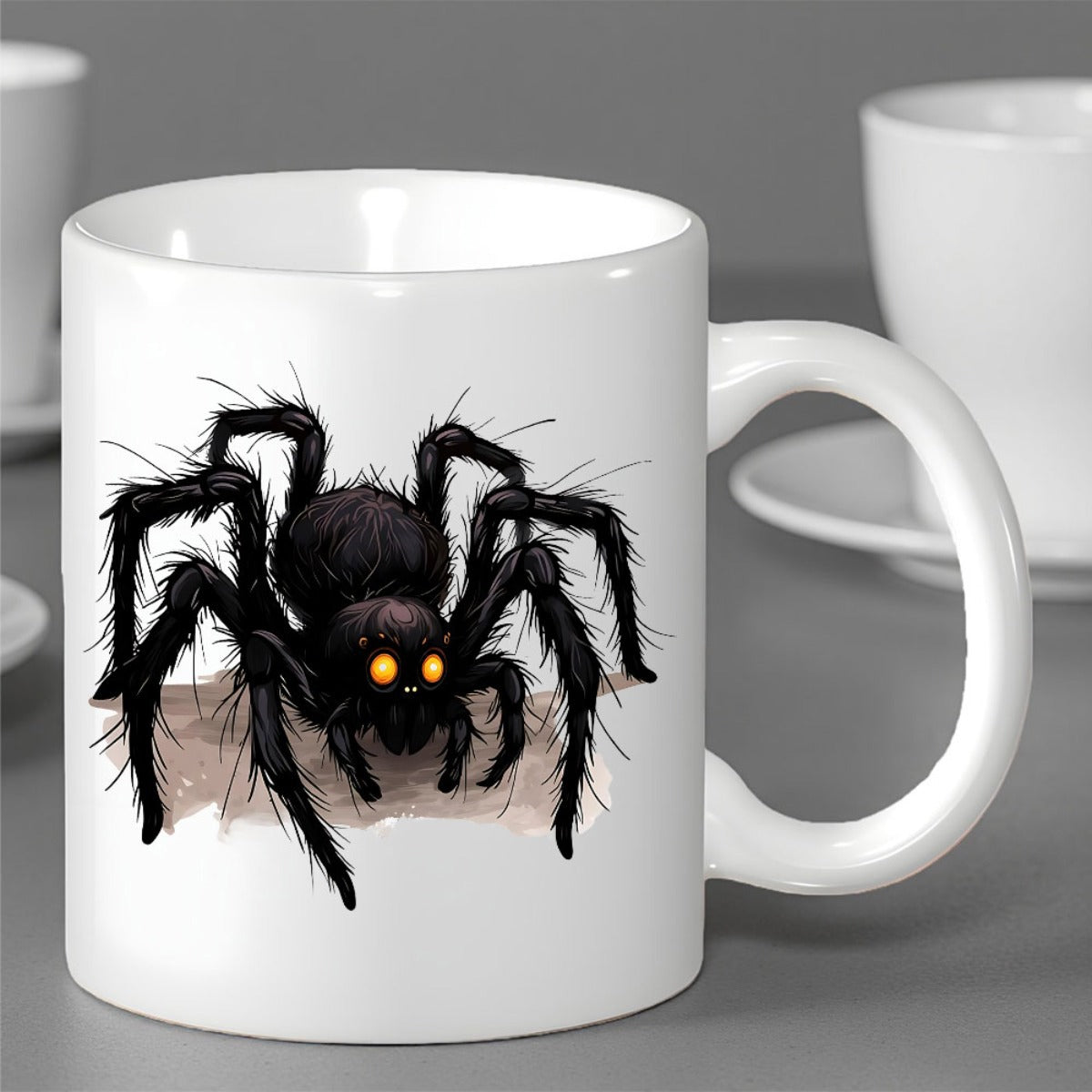 Tailorly White Ceramic 11 oz Mug - Detailed Hairy Black Tarantula With Glowing Orange Eyes Crawling Realistic Spider