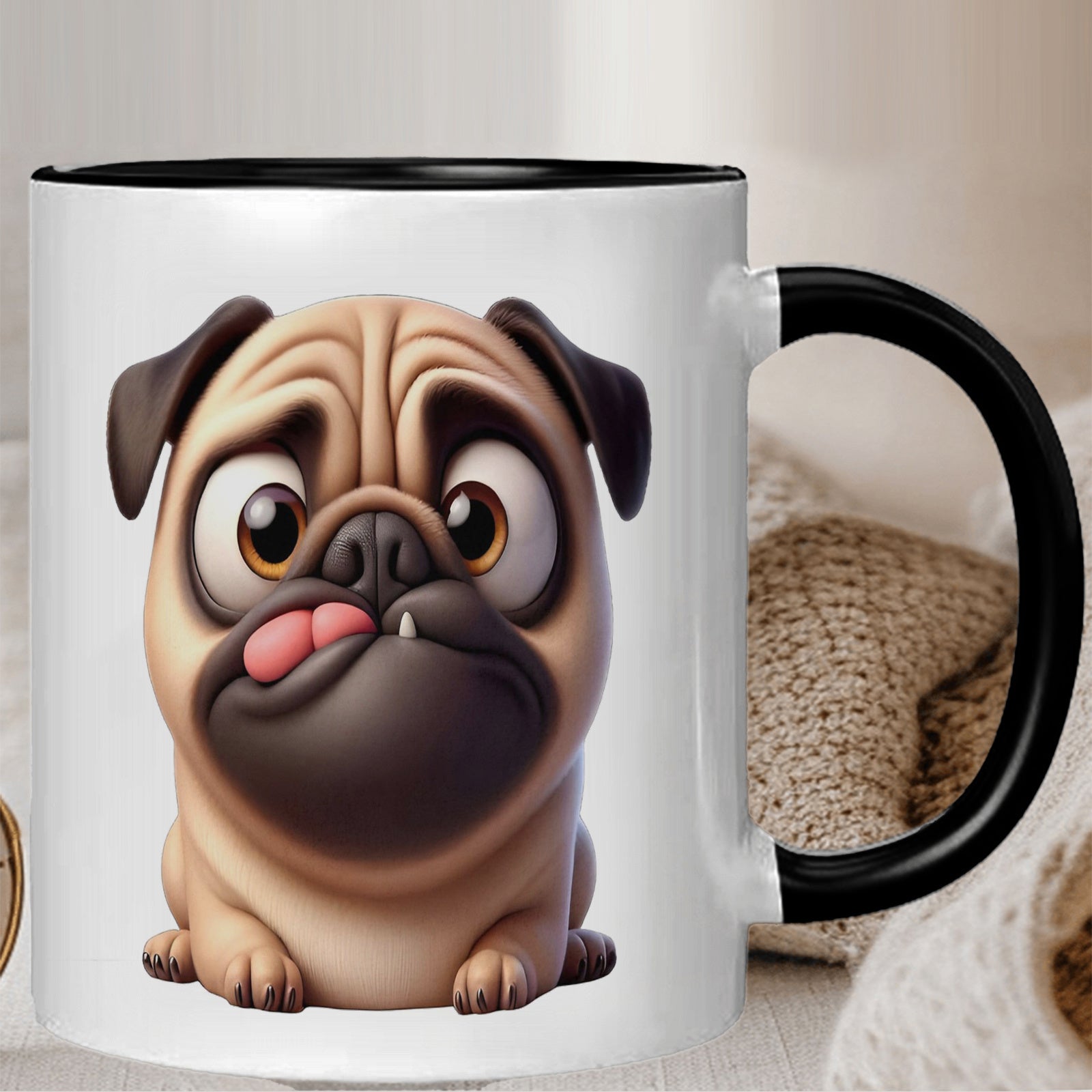 Tailorly Black Accent 11 oz Mug - adorable pug face with pug ears and pug nose