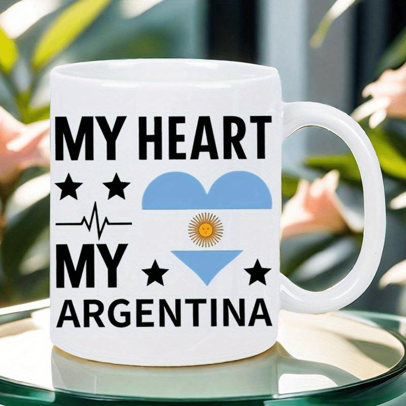 Tailorly White Ceramic 11 oz Mug - My Heart My Argentina Patriotic National Flag Colors Among Bold Black Decorative Stars Heart